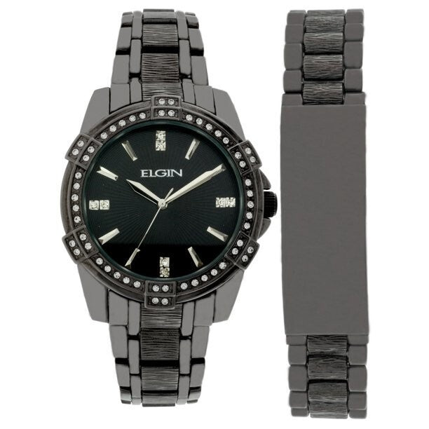 Elgin Man Black-tone Many Austrian Crystals Dress Watch And Bracelet FG10009GNST