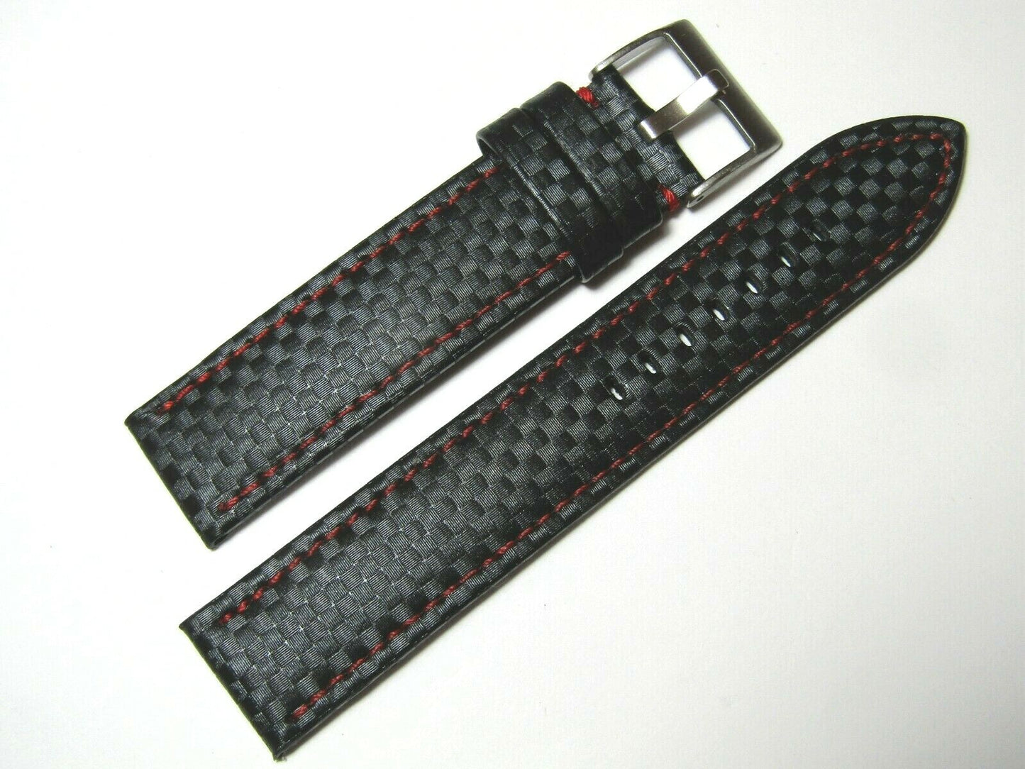 22mm Hadley-Roma MS847 Black Carbon Fiber Leather Red Stitch Watch Band Strap