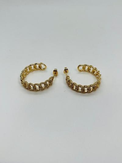 14K GOLD PLATED POST HOOP EARRING CHAIN LINK DESIGN WITH WHITE MICRO PAVE CZ SE9