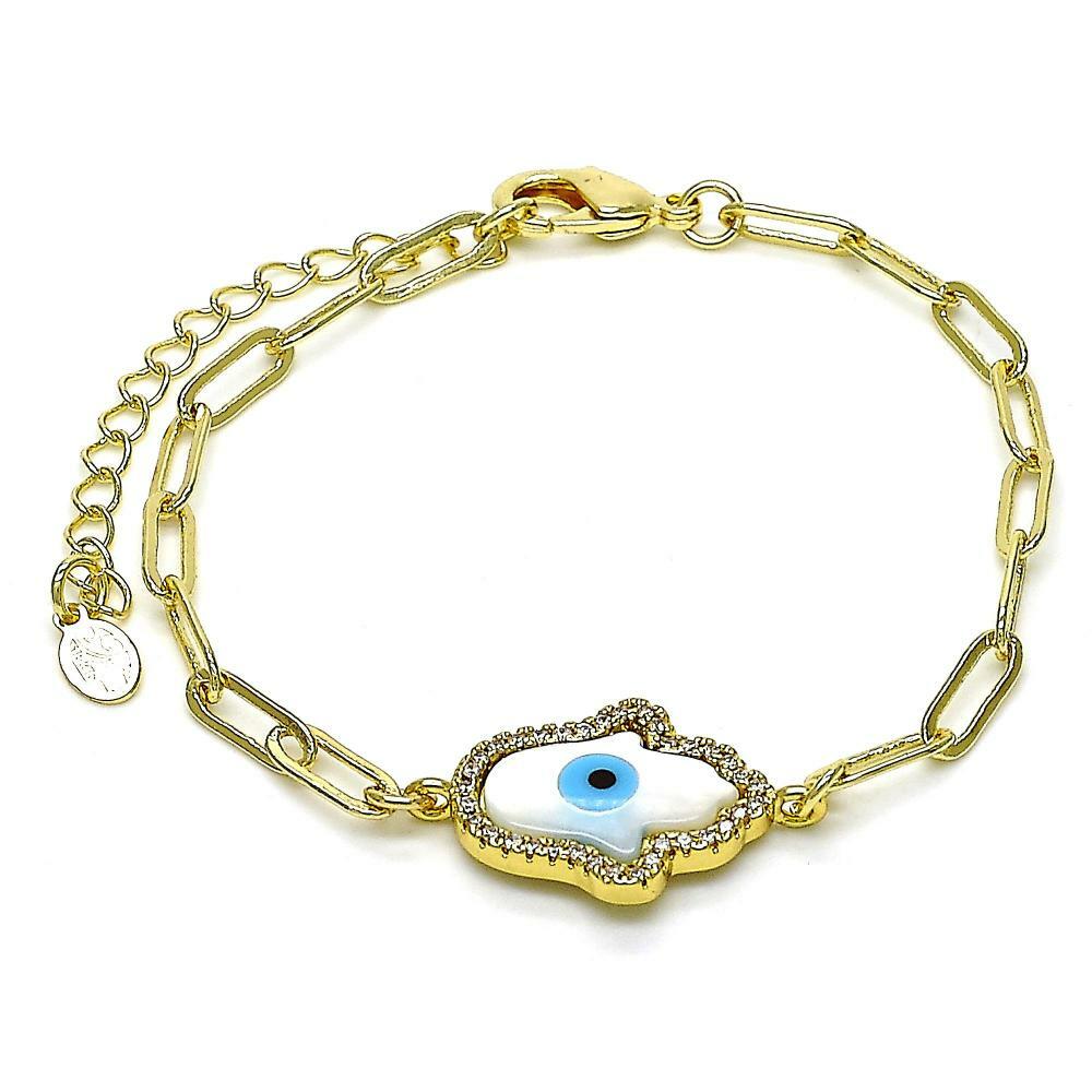 14K GOLD PLATED 7"+2" PAPER CLIP LINK BRACELET WITH EVIL EYE HAMSA M355