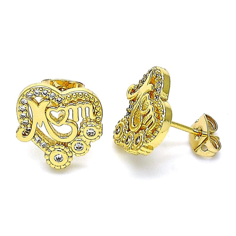 14K GOLD PLATED STUD EARRING HEART WITH MOM DESIGN WITH WHITE MICRO PAVE CZ M581