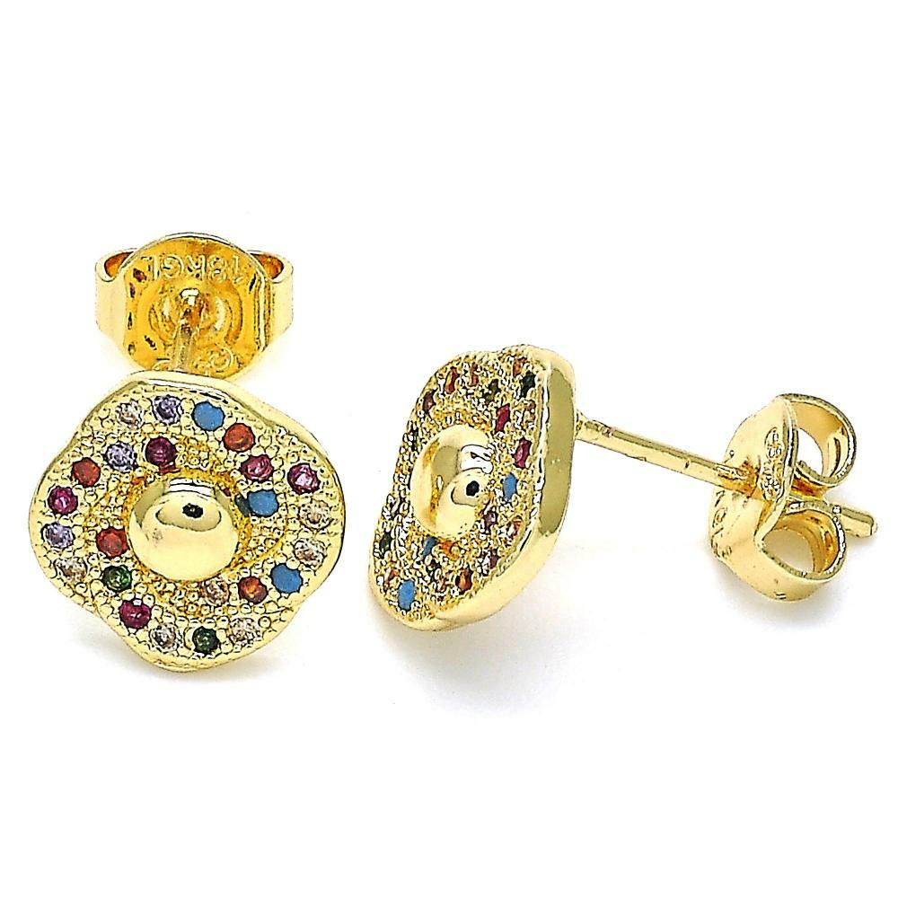 14K GOLD PLATED STUD EARRING FLOWER DESIGN / MICROPAVE MULTI-COLOR CZ M24