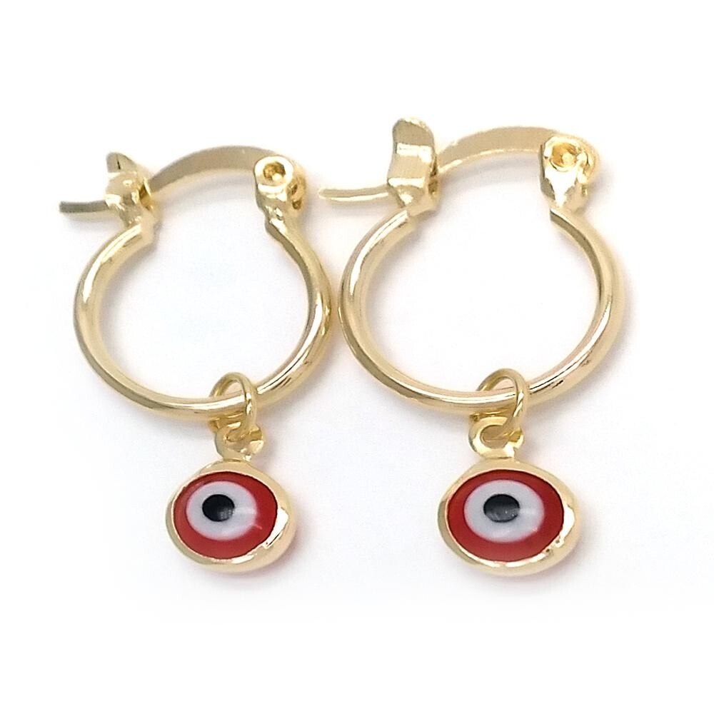 14K GOLD PLATED 2 X 12 MM HOOP WITH ROUND RED ENAMEL EVIL EYE CHARM DANGLE M643