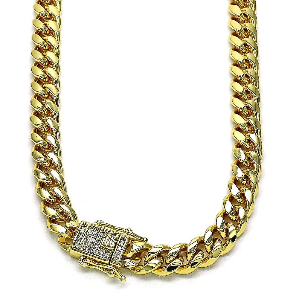 14K GOLD PLATED 16" 6 MM WIDE MIAMI CUBAN LINK NECKLACE W/ PAVE CZ BOX LOCK M722