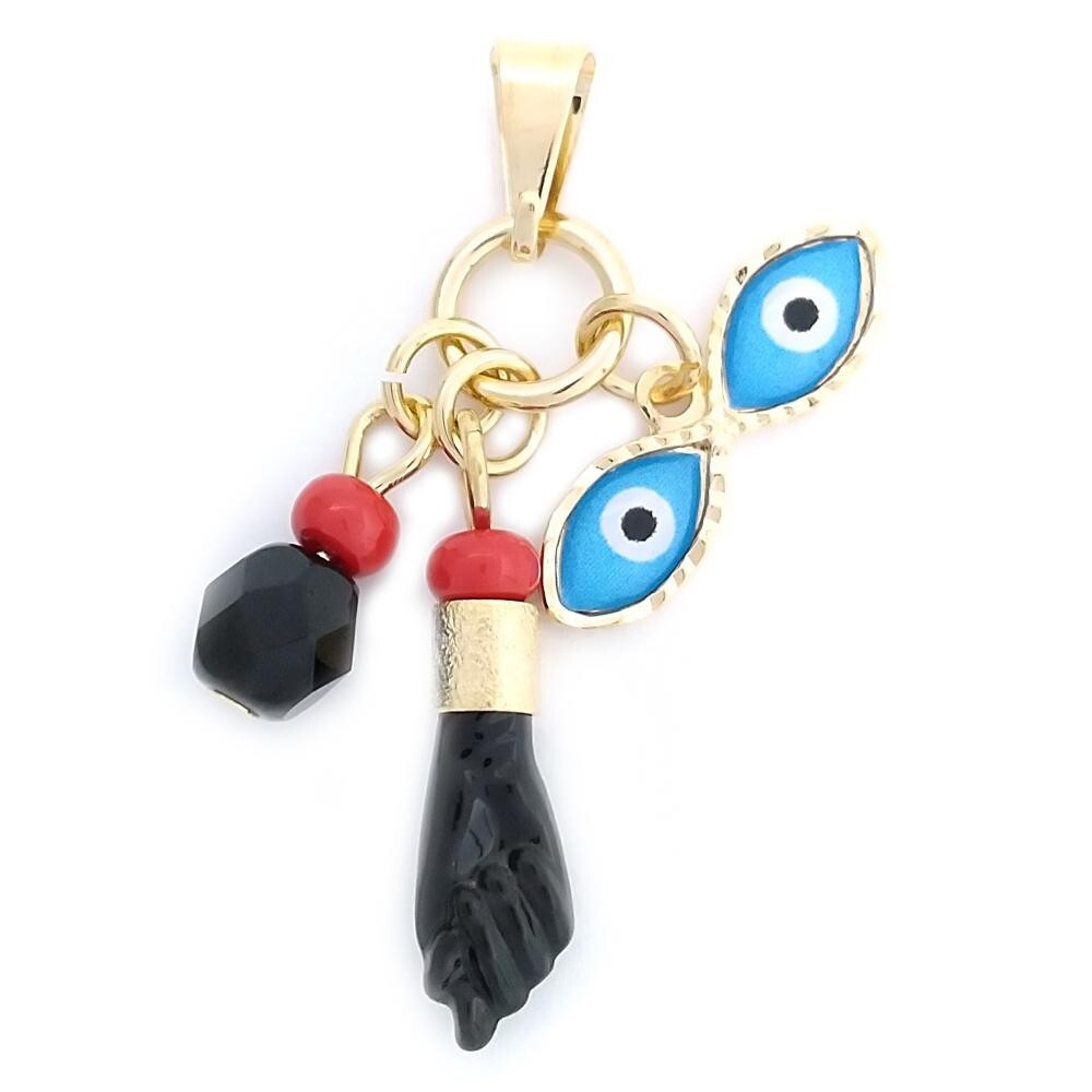 14K GOLD PLATED PENDANT WITH 2 BLUE ENAMEL EVIL EYES AND A BLACK POWER FIST M553