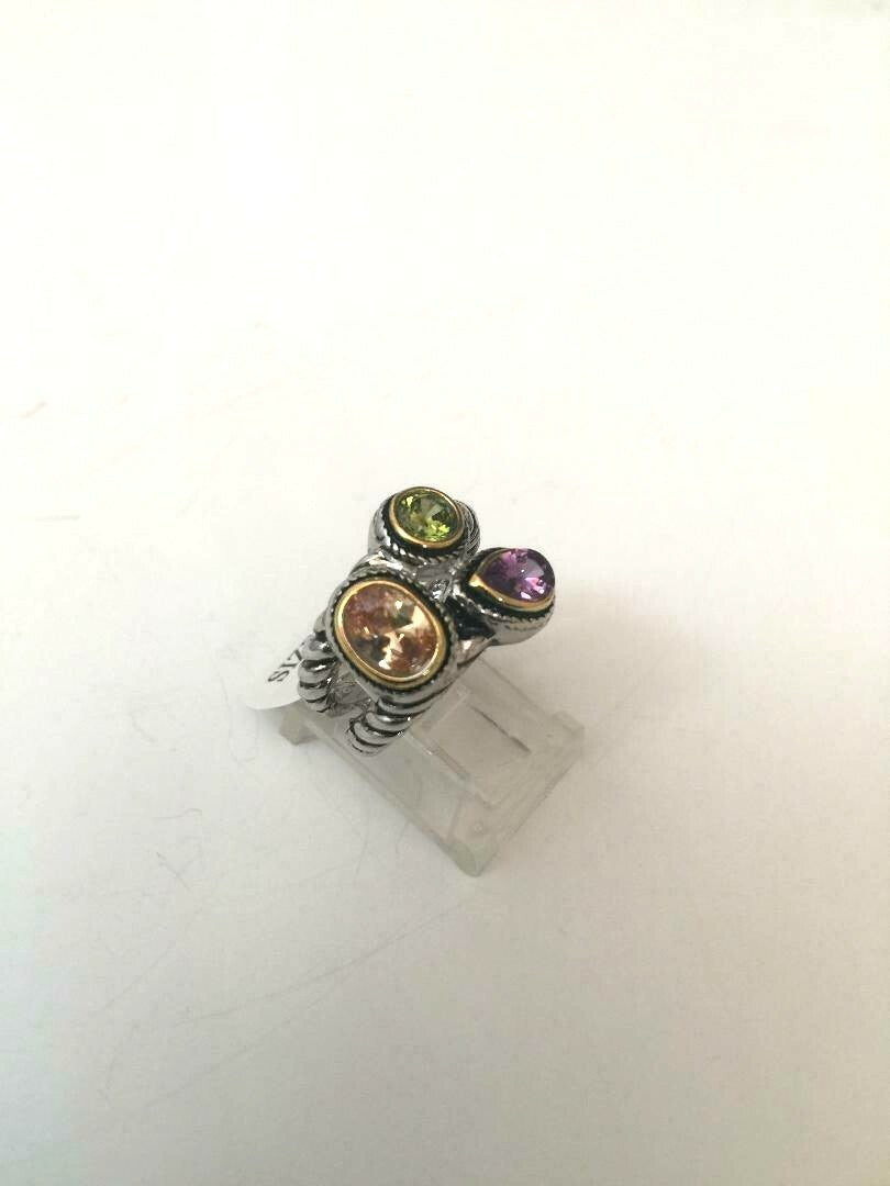 .925 STERLING SILVER PLATED RING WITH WITH 3 MULTI COLORED CZ STONES J 433