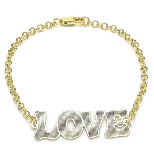 14K GOLD PLATED 7.5" BRACELET W/ LOVE DESIGN AND ROLO CHAIN W/LOBSTER CLASP M158
