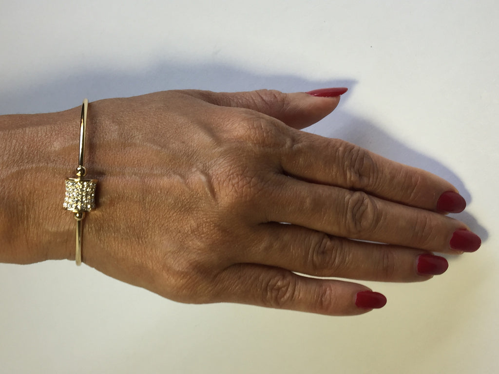 14K GOLD PLATED CUFF BRACELET WITH 5MM BALL ENDS WITH CZ INLAID CHARM J214