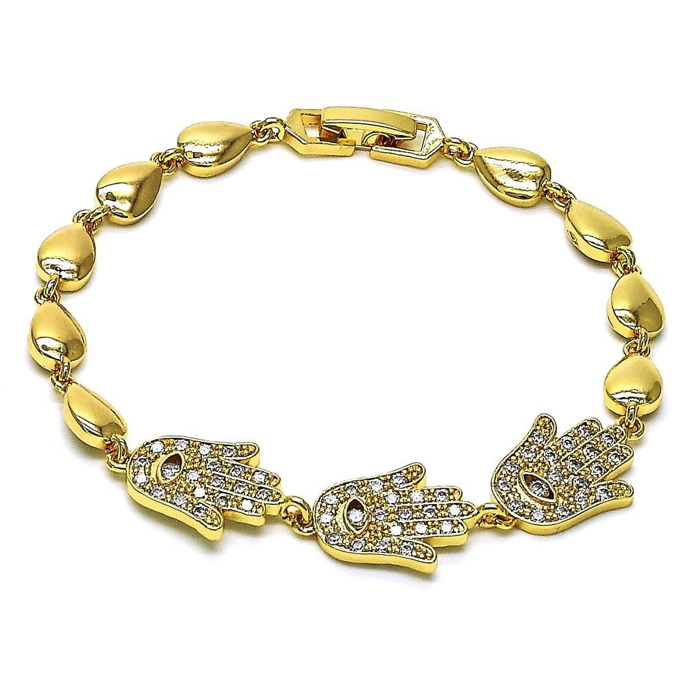 14K GOLD PLATED 8" BRACELET W/3 WHITE MICRO PAVE HAMSAS LINKED & SNAP CLASP M663