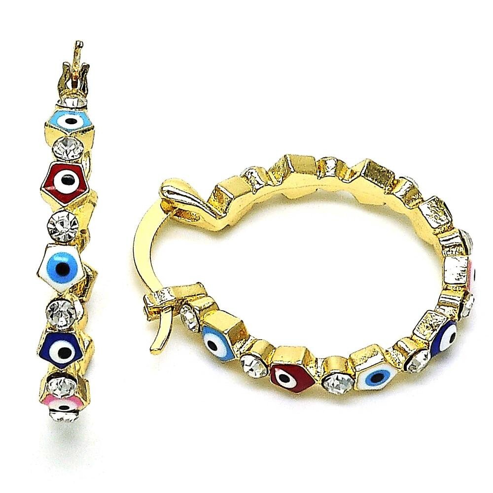 14K GOLD PLATED HOOP EARRING W/MULTI COLOR ENAMEL EVIL EYES & WHITE CRYSTAL M637