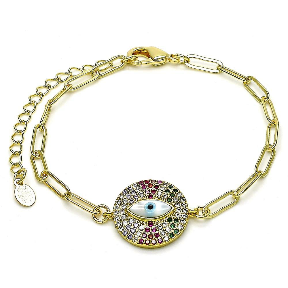 14K GOLD PLATED 6.5" +2" PAPERCLIP STYLE BRACELET W/ CZ DISK W/ EVIL EYE M223