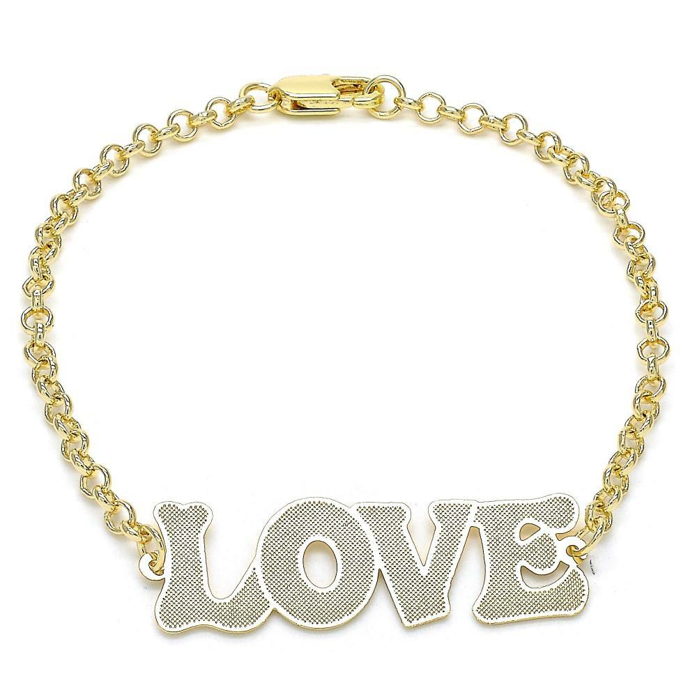 14K GOLD PLATED 7.5" BRACELET W/ LOVE DESIGN AND ROLO CHAIN W/LOBSTER CLASP M158