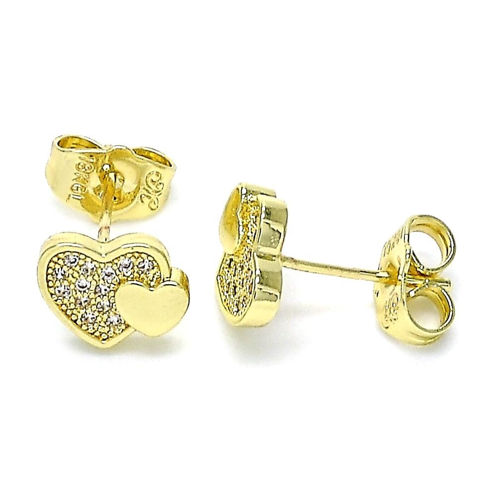 14K GOLD PLATED STUD EARRING DOUBLE HEART DESIGN WITH WHITE MICRO PAVE CZ M580