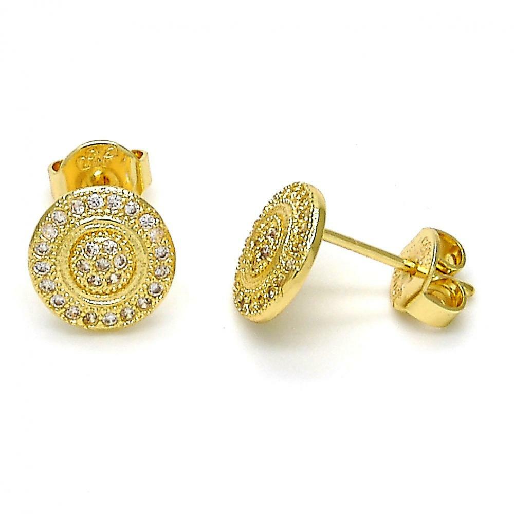 14K GOLD PLATED STUD EARRING 9 MM ROUND / MICRO PAVE & HIGH POLISHED FINISH M34