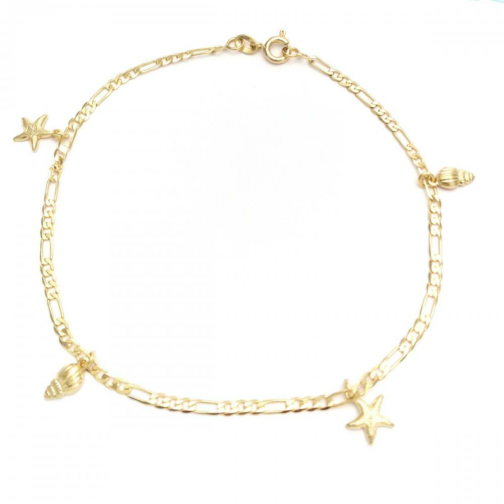 14K GOLD PLATED 9.5" ANKLET W / 4 STARFISH AND SHELL CHARMS DANGLING M417