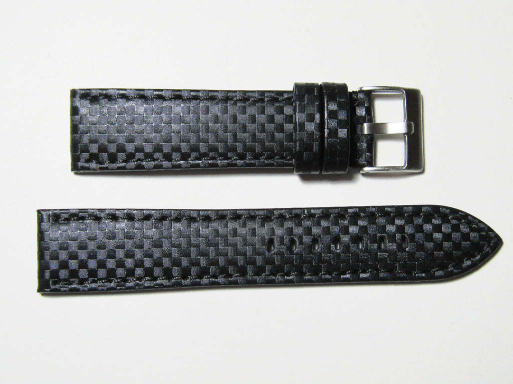 18mm Hadley-Roma MS847 Black Carbon Fiber Leather Black Stitch Watch Band Strap