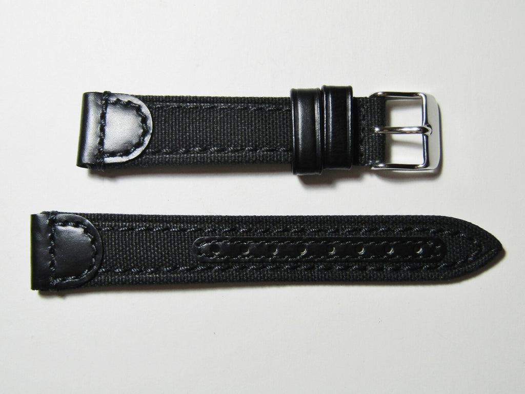 22mm Hadley-Roma MS868 Mens Black Canvas and Leather Watch Band Strap