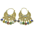 14K GOLD PLATED LONG EARRING ELEPHANT & EVIL EYE DANGLES W/ WHITE CRYSTAL M684