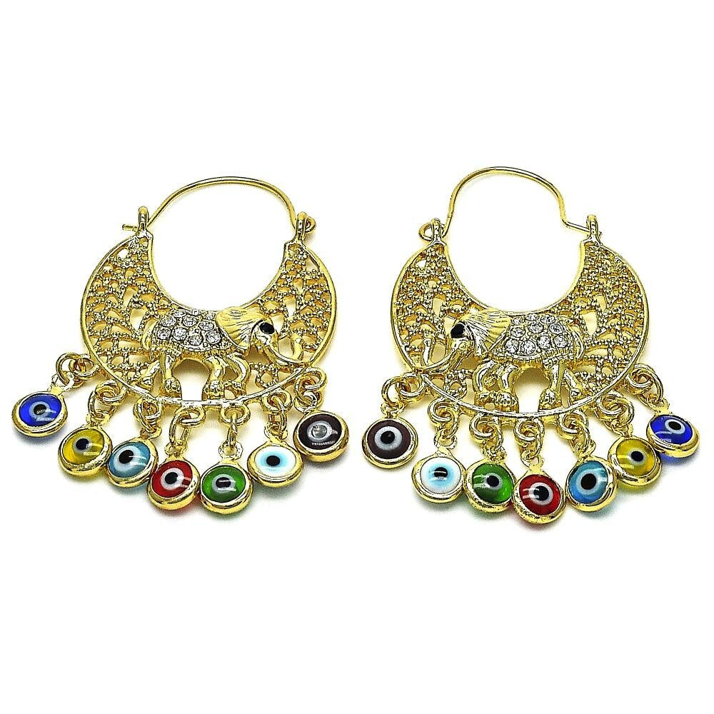 14K GOLD PLATED LONG EARRING ELEPHANT & EVIL EYE DANGLES W/ WHITE CRYSTAL M684