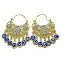 14K GOLD PLATED LONG EARRING TURTLE & EVIL EYE W/WHITE CRYSTAL & BLUE RESIN M681