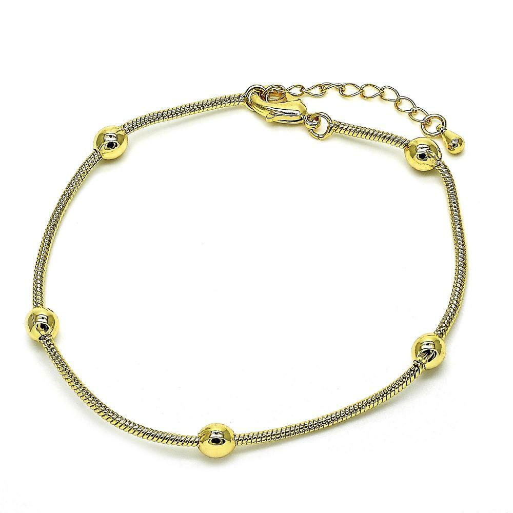 14K GOLD PLATED 7.5" - 8.5" SNAKE CHAIN STYLE BRACELET W/ 5 /5MM BALLS M238