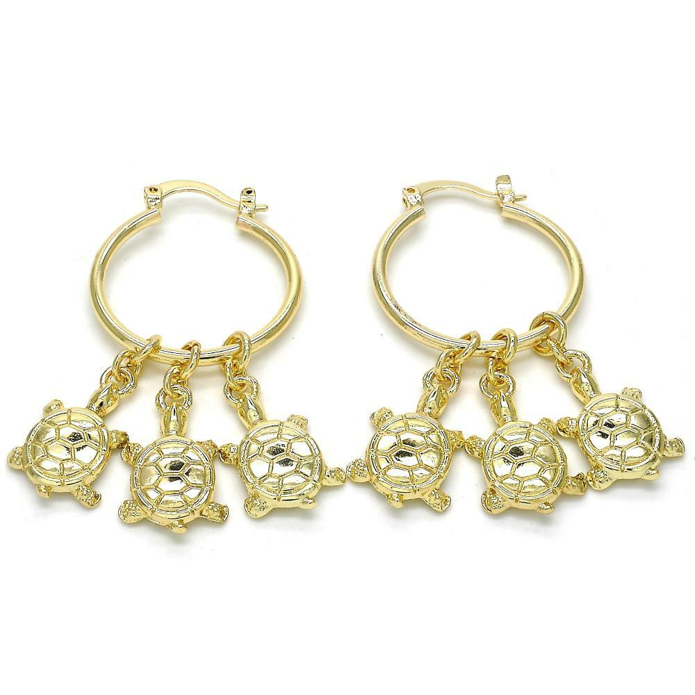 14K GOLD PLATED 2 X 25 MM HOOP W/ 3 TURTLE CHARM DANGLES AND SNAP IN CLASP M175