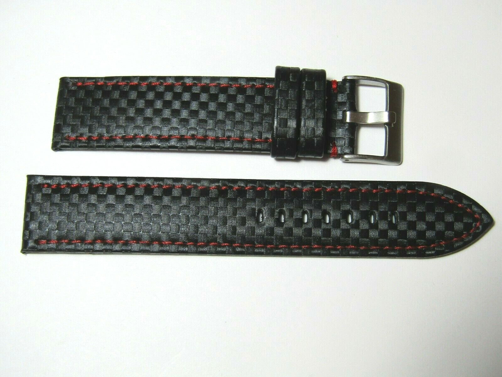 22mm Hadley-Roma MS847 Black Carbon Fiber Leather Red Stitch Watch Band Strap