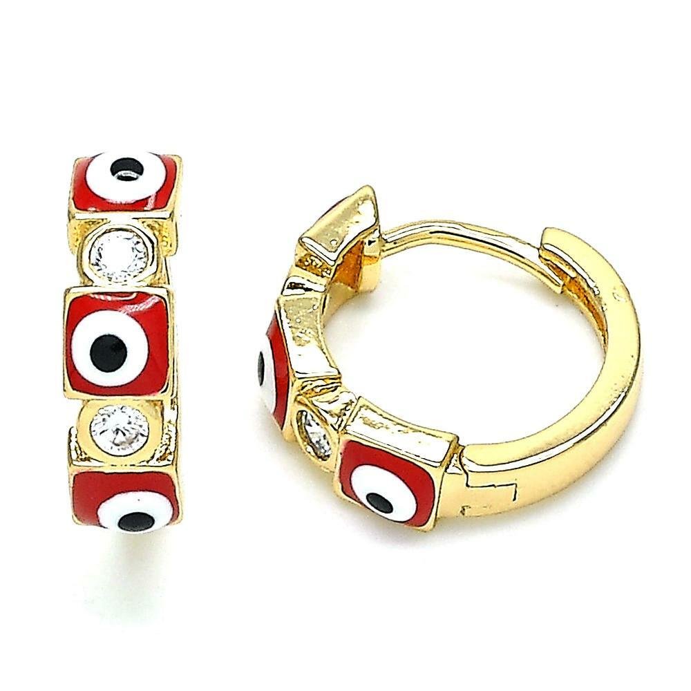 14K GOLD PLATED HUGGIE HOOP EARRINGS WITH RED EYES AND WHITE CZ M398