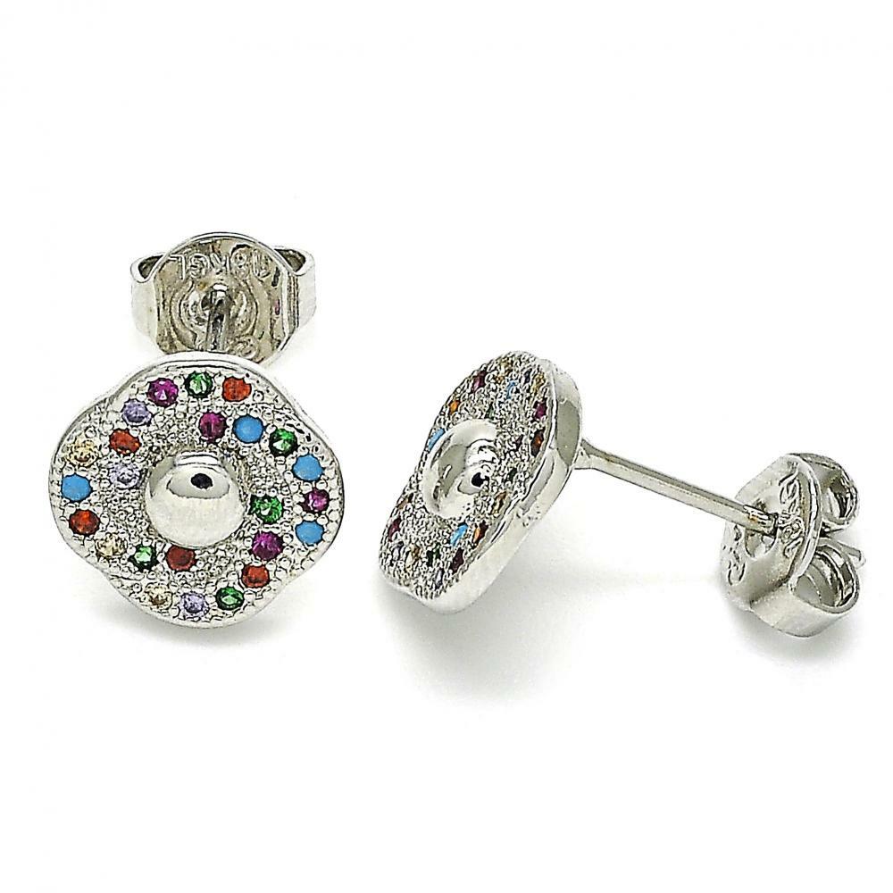 14K WHITE GOLD PLATED STUD EARRING FLOWER DESIGN / MICROPAVE MULTI-COLOR CZ M11