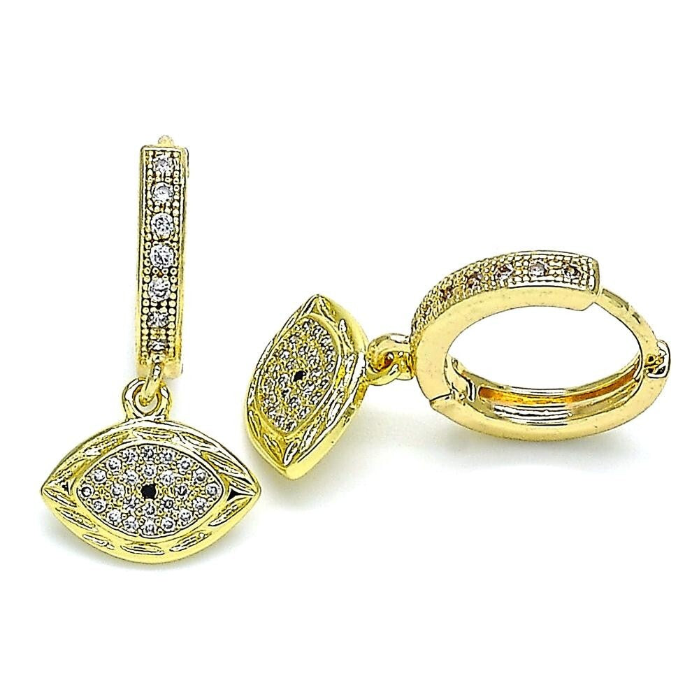 14K GOLD PLATED HUGGIE HOOP EARRING W/ WHITE MICRO PAVE CZ EVIL EYE DANGLE M731