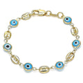 14K GOLD PLATED 6.5" BRACELET W/ BLUE EVIL EYES & MARINER LINKS CONNECTED M340