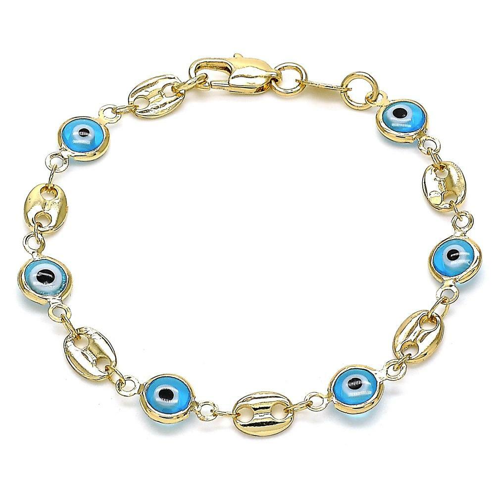 14K GOLD PLATED 6.5" BRACELET W/ BLUE EVIL EYES & MARINER LINKS CONNECTED M340