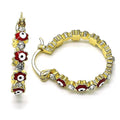 14K GOLD PLATED HOOP EARRING W/ RED ENAMELFLOWER EVIL EYES & WHITE CRYSTAL M640