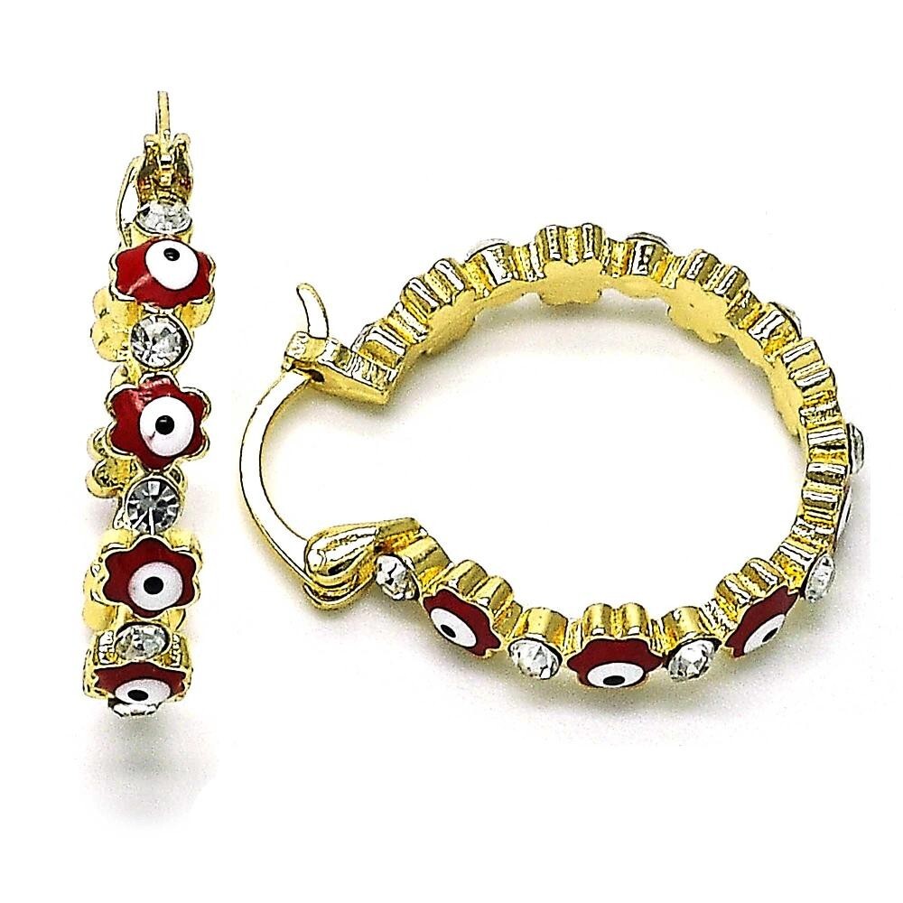 14K GOLD PLATED HOOP EARRING W/ RED ENAMELFLOWER EVIL EYES & WHITE CRYSTAL M640
