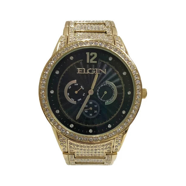 Elgin Adult Men's Analog Watch with Black Dial Pave Dial and Crystals FG16003G