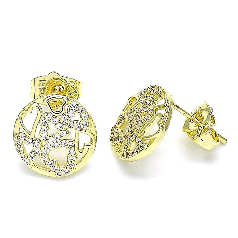 14K GOLD PLATED STUD EARRING CIRCLE OF HEARTS WITH WHITE MICRO PAVE CZ M597