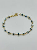 14K GOLD PLATED 7.5" BRACELET WITH BLUE AND WHITE ROUND EVIL EYES LINKED SB1