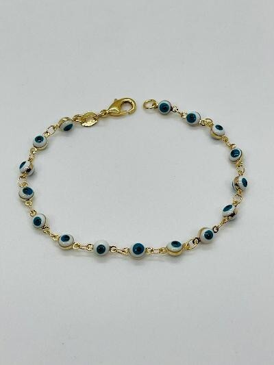 14K GOLD PLATED 7.5" BRACELET WITH BLUE AND WHITE ROUND EVIL EYES LINKED SB1