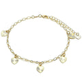 14K GOLD PLATED ADJUSTABLE 9.5" + 2" ANKLET WITH 5 HEART CHARMS DANGLING M419