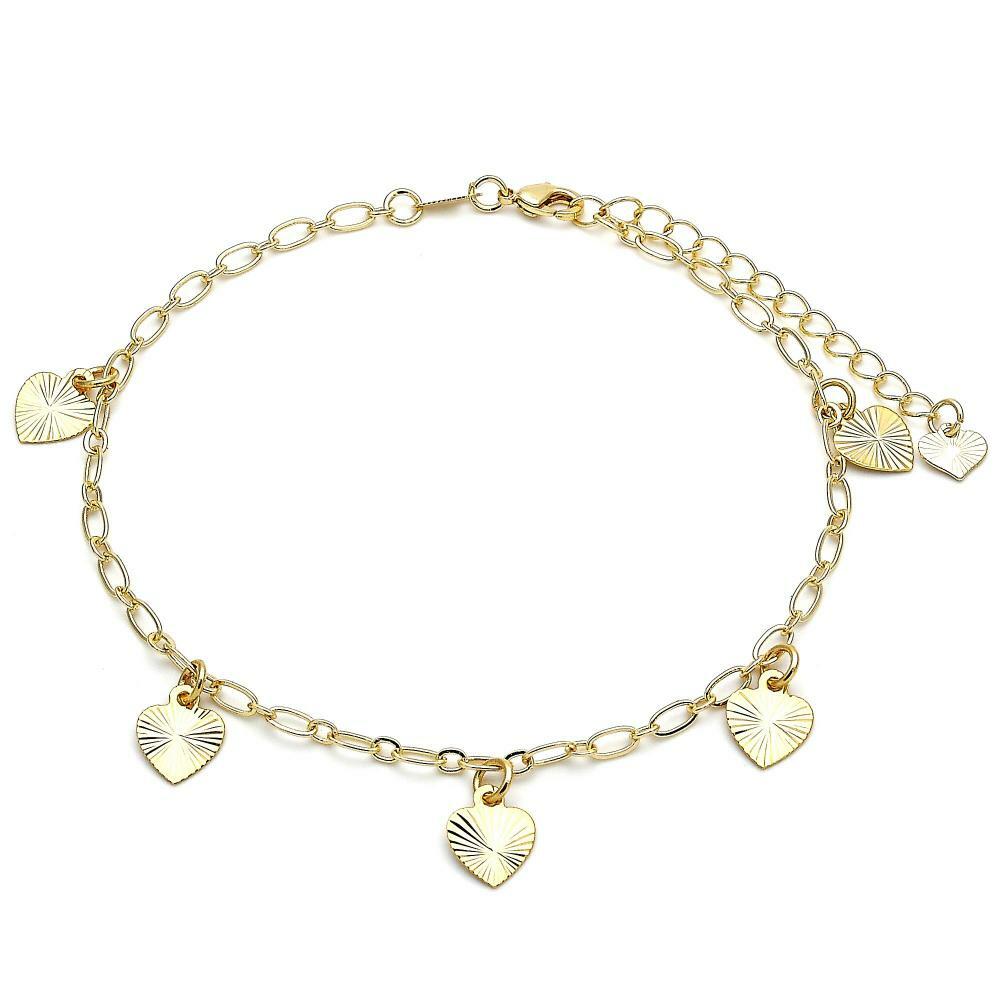 14K GOLD PLATED ADJUSTABLE 9.5" + 2" ANKLET WITH 5 HEART CHARMS DANGLING M419