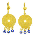 14 K GOLD PLATED 2" LONG DANGLE EARRINGS CIRCLE DESIGN W/ 3 BLUE EVIL EYES M59