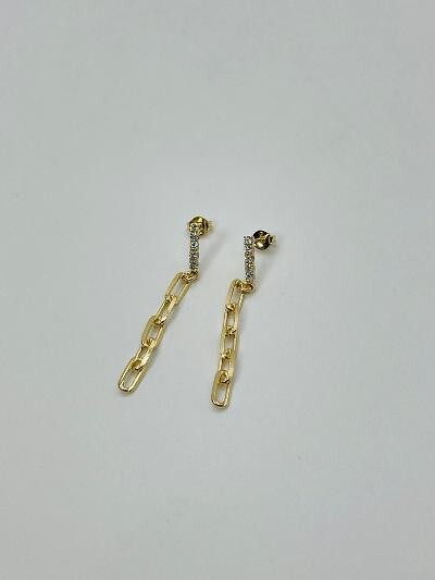 14K GOLD PLATED STUD DANGLE EARRING WITH WHITE CZ AND PAPERCLIP CHAIN LINKS SE29