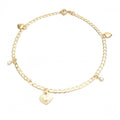 14K GOLD PLATED 9.5" ANKLET WITH 5 HEART & CLEAR CRYSTAL CHARM DANGLES M408