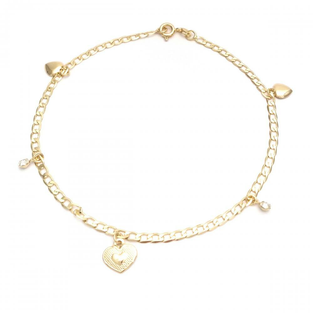 14K GOLD PLATED 9.5" ANKLET WITH 5 HEART & CLEAR CRYSTAL CHARM DANGLES M408
