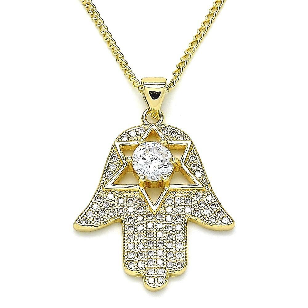14K GOLD PLATED MICROPAVE WHITE CZ HAMSA PENDANT ON A 20" CUBAN LINK CHAIN M255