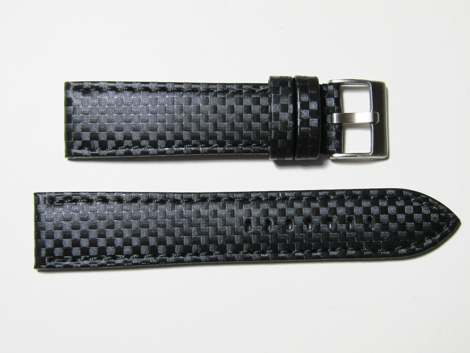22mm Hadley-Roma MS847 Black Carbon Fiber Leather Black Stitch Watch Band Strap