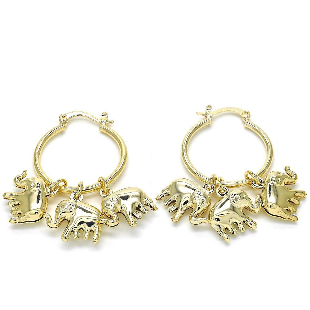 14K GOLD PLATED 2X25 MM HOOP W/ 3 ELEPHANT CHARM DANGLES AND SNAP IN CLASP M177
