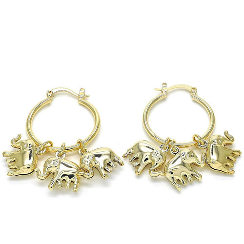 14K GOLD PLATED 2X25 MM HOOP W/ 3 ELEPHANT CHARM DANGLES AND SNAP IN CLASP M177