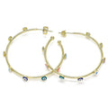 14K GOLD PLATED HOOP EARRINGS 2 X 45 MM WITH 8 MULTI-COLOR EVIL EYES M479