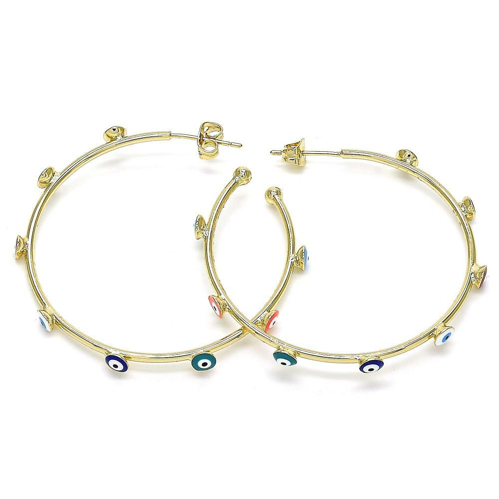 14K GOLD PLATED HOOP EARRINGS 2 X 45 MM WITH 8 MULTI-COLOR EVIL EYES M479
